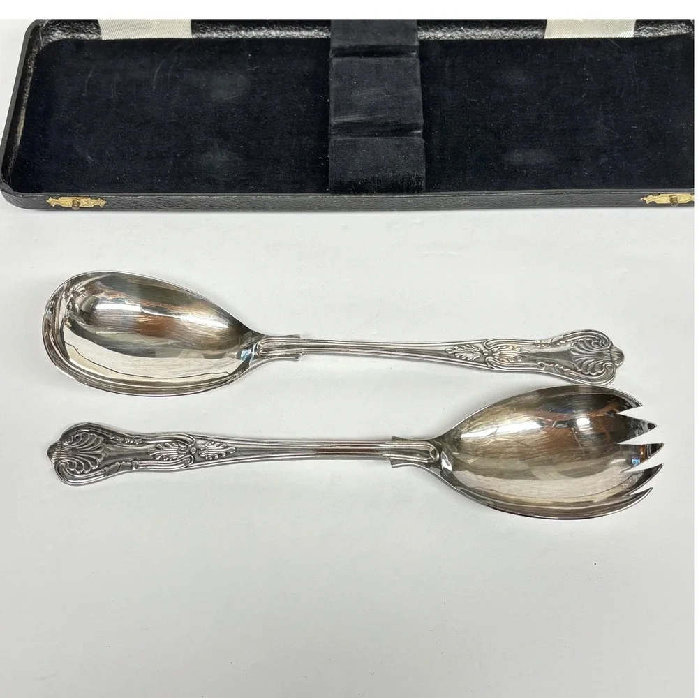 Sheffield Silver Plate Serving Spoons Salad Servers Box Kings England Vintage